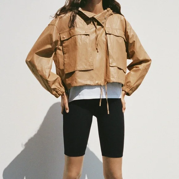 ZARA Limited Edition Faux Leather Jacket Outerwear Size M-L Caramel Tan Khaki - Picture 1 of 14